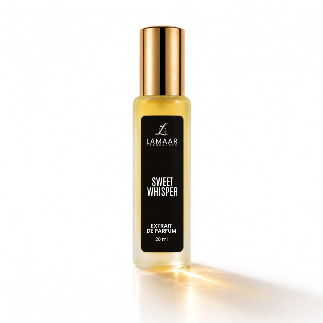 A 20ml bottle of Lamar Parfum Extrait 'Sweet Whisper' with a black label and a metallic gold cap, set against a clean white background with a soft reflection.