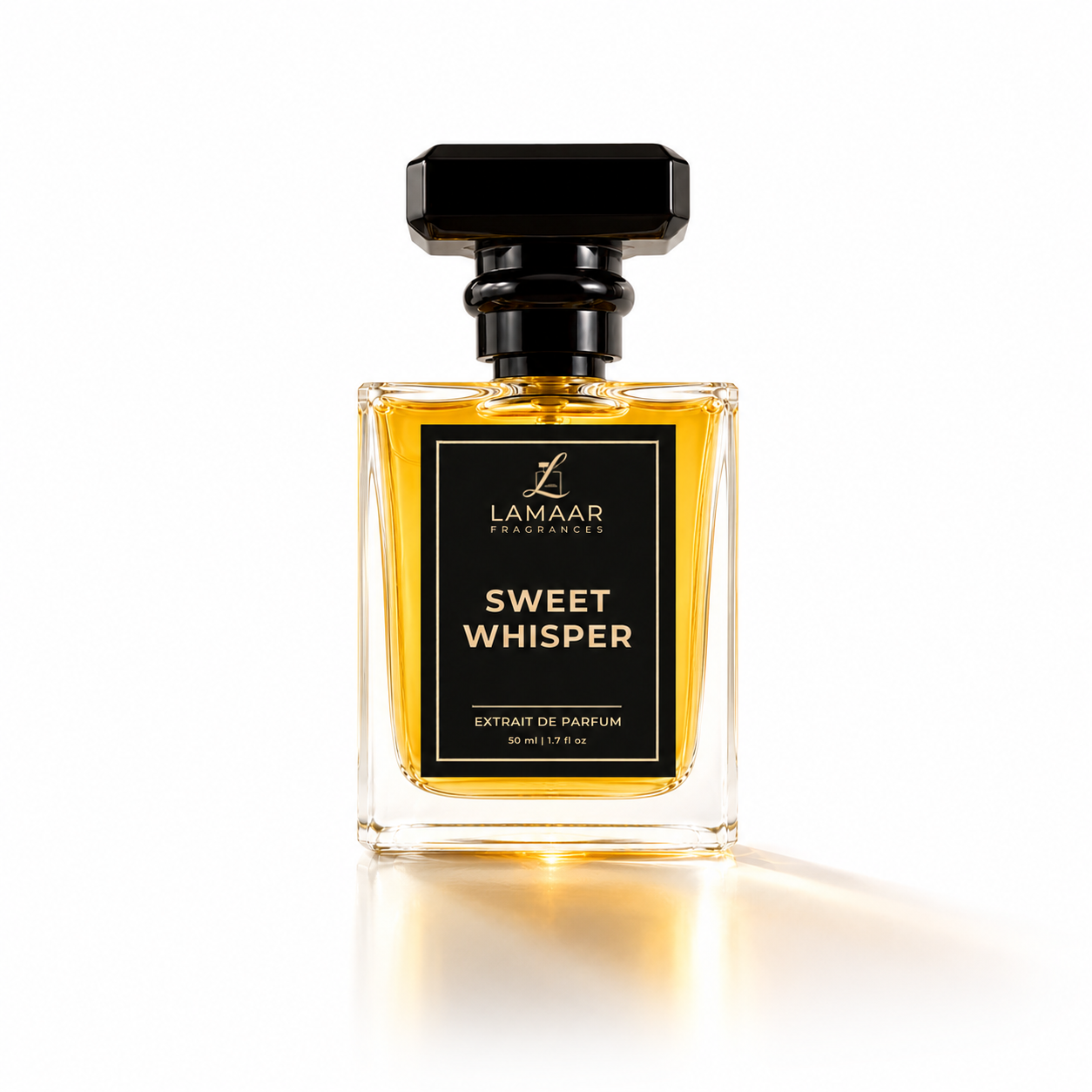 A bottle of Lamar Parfums 'Sweet Whisper' extrait de parfum, featuring a clear glass bottle filled with golden-yellow liquid, a black label with gold lettering, and a black cap, set against a clean white background with a soft reflection.