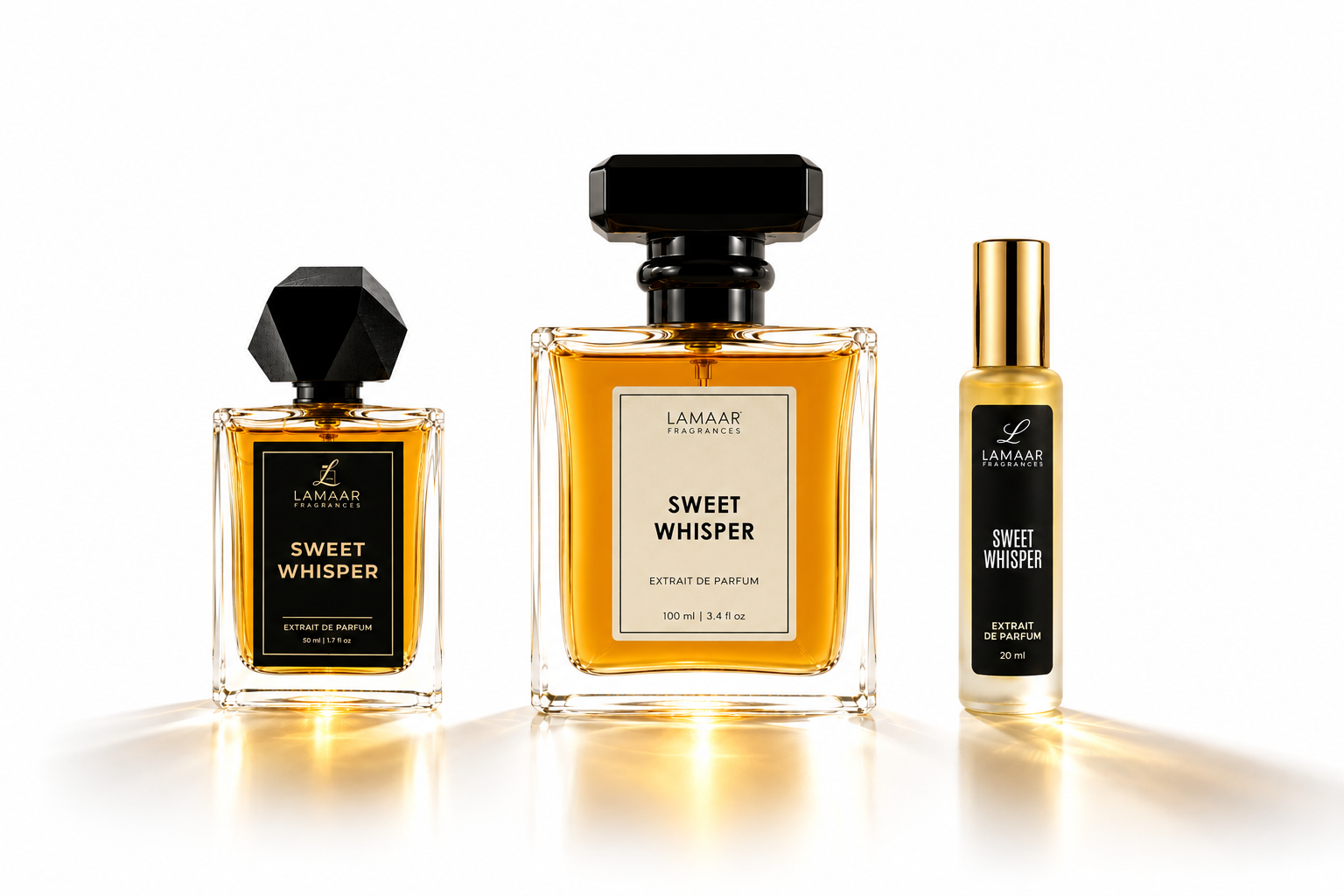 Three fragrance bottles from Lamaré Laboratories on a white background: a small faceted black cap bottle labeled Sweet Whisper, a larger square bottle with a black cap and cream label labeled Sweet Whisper, and a slim gold-capped bottle labeled Spicy Whisper.